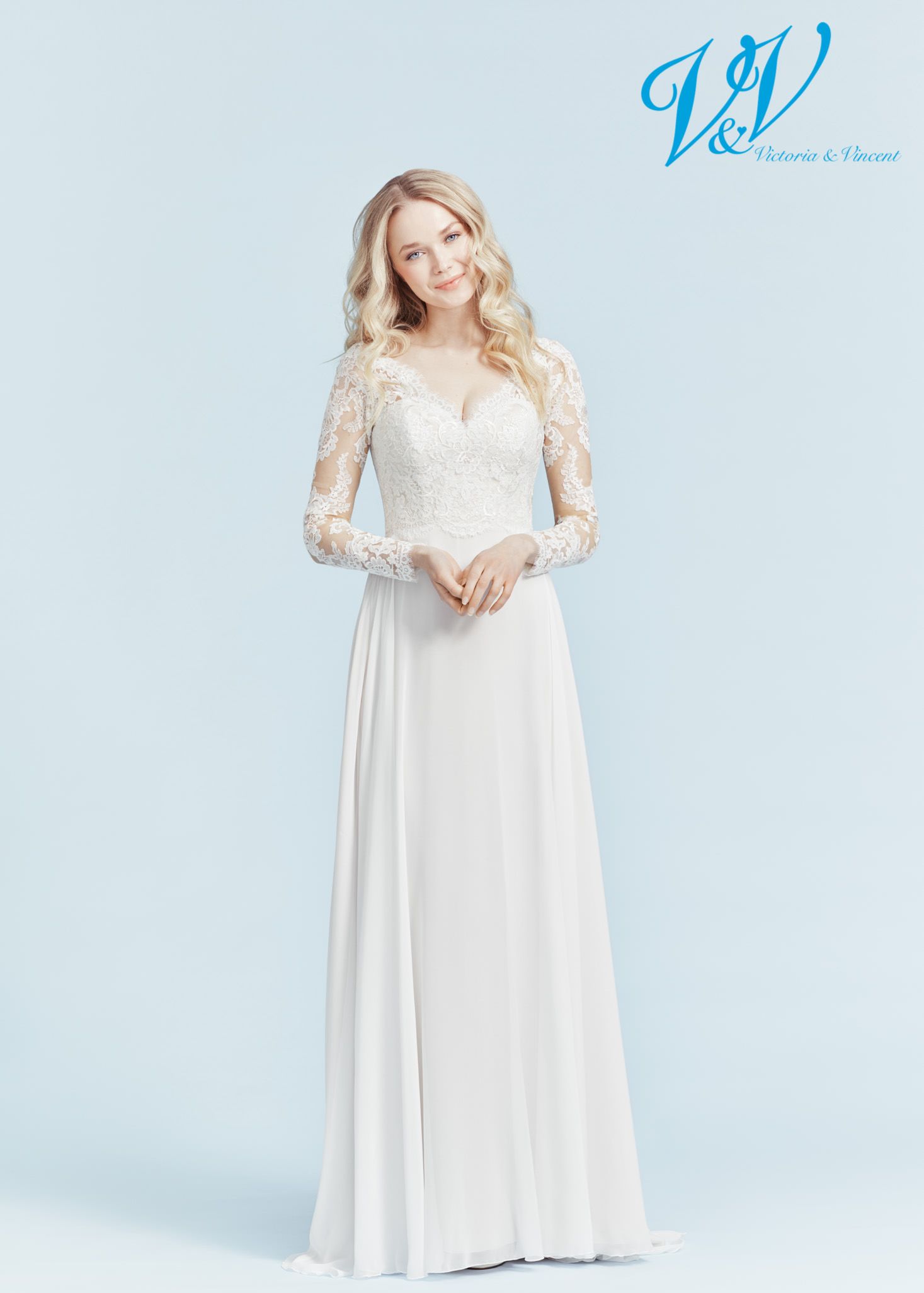 Brudekjole med lange ærmer blødt fald chiffon 